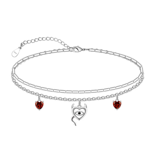 925 Sterling Silver Devil Anklet Heart Red Zirconia Cute Women's Anklet Bracelets