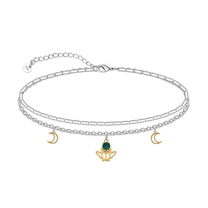 925 Sterling Silver Layered Ankle Bracelet Adjustable Lightweight Ladybug with Moon Charm Foot Chain for Women