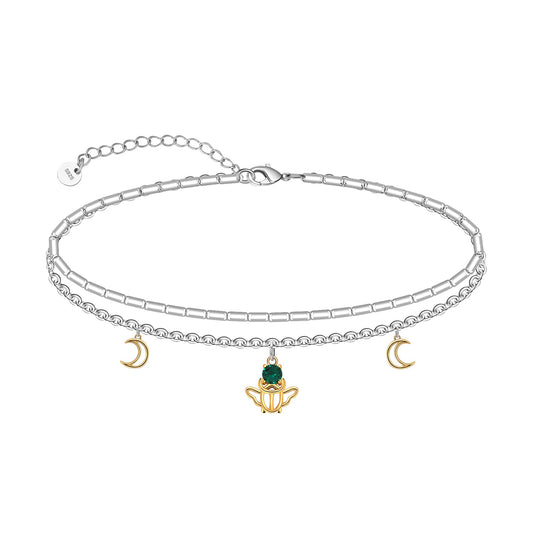 925 Sterling Silver Layered Ankle Bracelet Adjustable Lightweight Ladybug with Moon Charm Foot Chain for Women