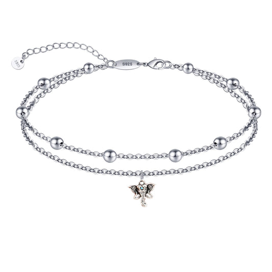 925 Sterling Silver Elephant Layered Anklet Bracelets Adjustable Summer Beach Foot Chains Jewelry for Women