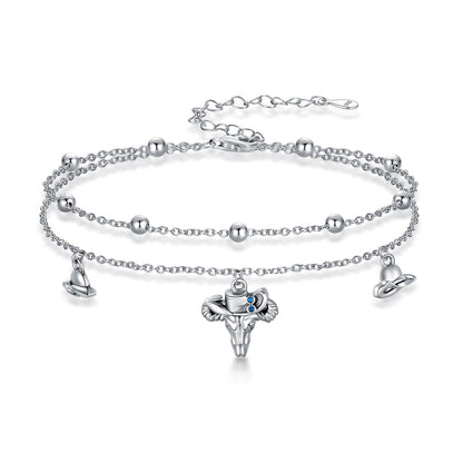 925 Sterling Silver Double Layer Chain with Bull Head & Cowboy Hat Charms Lightweight Foot Chain for Women