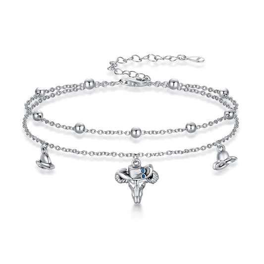 925 Sterling Silver Double Layer Chain with Bull Head & Cowboy Hat Charms Lightweight Foot Chain for Women