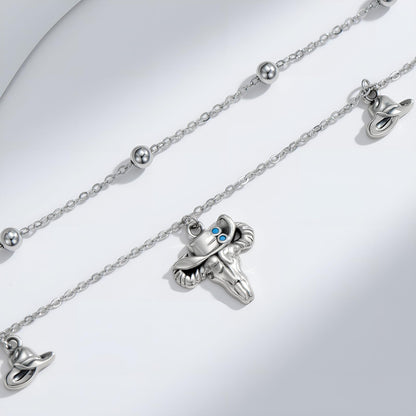 925 Sterling Silver Double Layer Chain with Bull Head & Cowboy Hat Charms Lightweight Foot Chain for Women