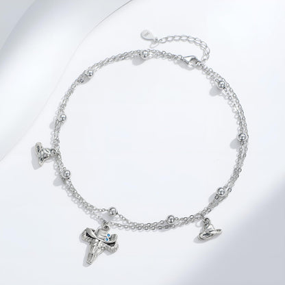 925 Sterling Silver Double Layer Chain with Bull Head & Cowboy Hat Charms Lightweight Foot Chain for Women