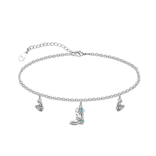 Western Cowboy Anklets 925 Sterling Silver Boots & Cactus Charm Anklet Bracelet