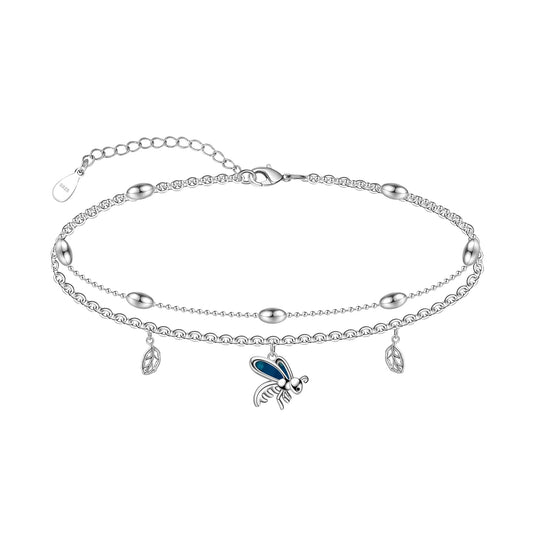 Bee Anklets 925 Sterling Silver Honeybee Double Layer Anklet Bracelet Adjustable Lightweight Foot Chain for Women
