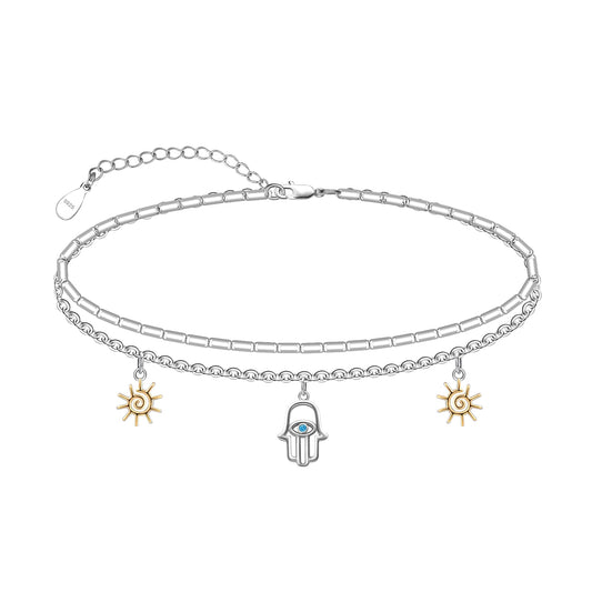 925 Sterling Silver Hamsa Hand of Fatima Evil Eye Anklet Bracelet Lightweight Comfortable Hamsa Hand Foot Chain for Women