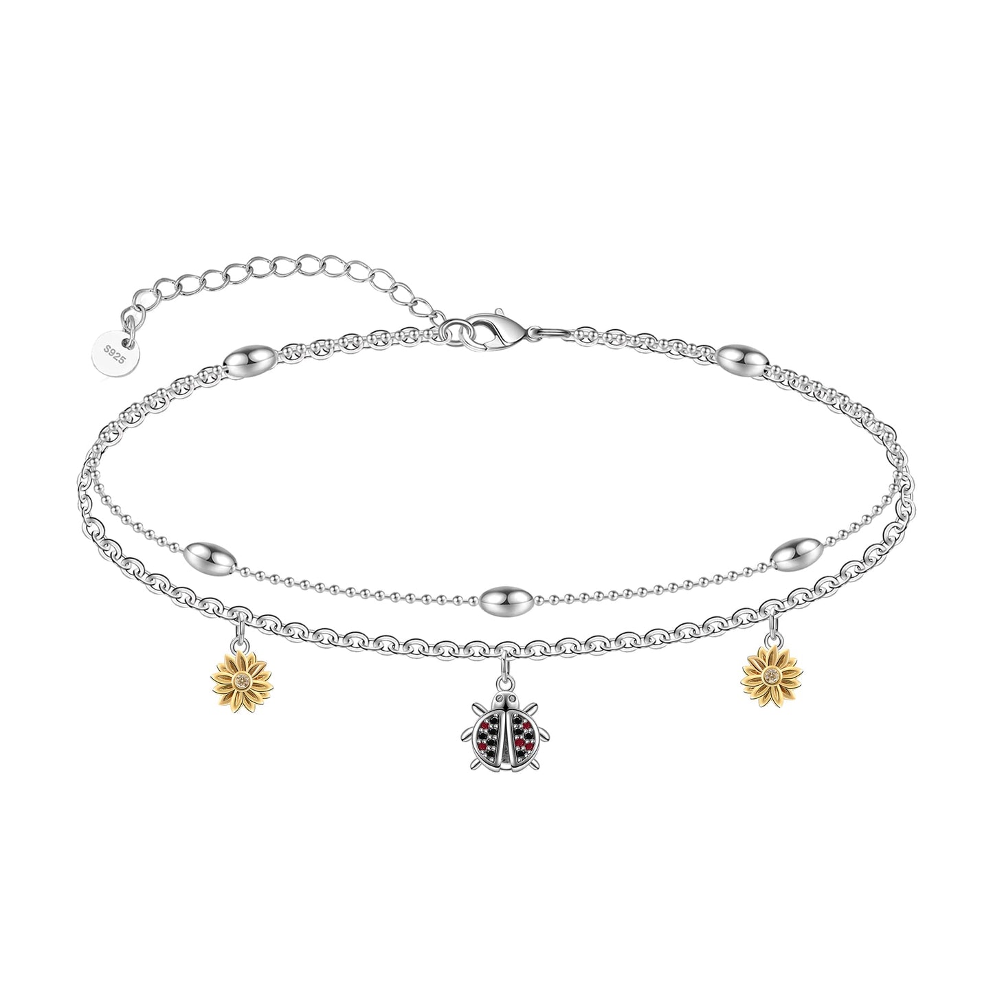 925 Sterling Silver Ladybug Ankle Bracelet Cute Double Layer Sunflower Insect Charm Anklet Bracelets for Women