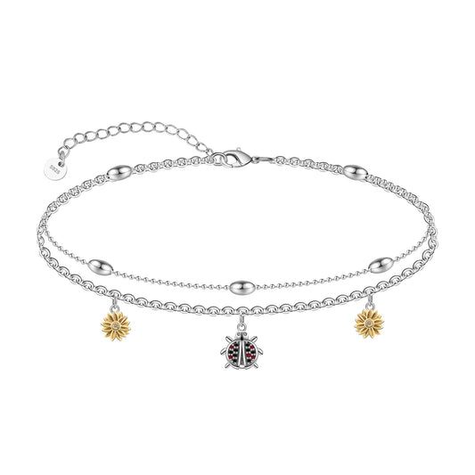 925 Sterling Silver Ladybug Ankle Bracelet Cute Double Layer Sunflower Insect Charm Anklet Bracelets for Women