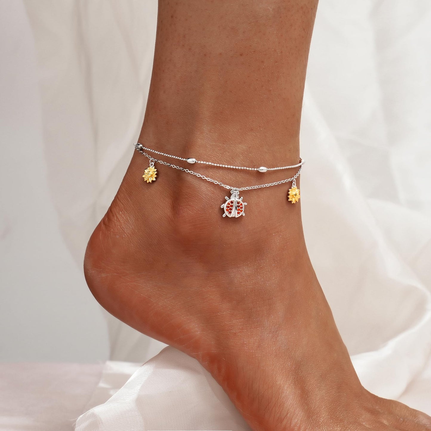 925 Sterling Silver Ladybug Ankle Bracelet Cute Double Layer Sunflower Insect Charm Anklet Bracelets for Women
