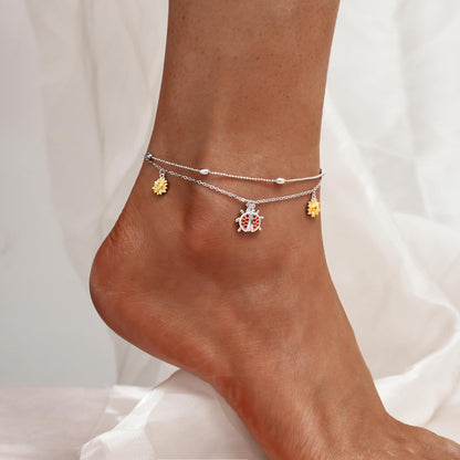925 Sterling Silver Ladybug Ankle Bracelet Cute Double Layer Sunflower Insect Charm Anklet Bracelets for Women