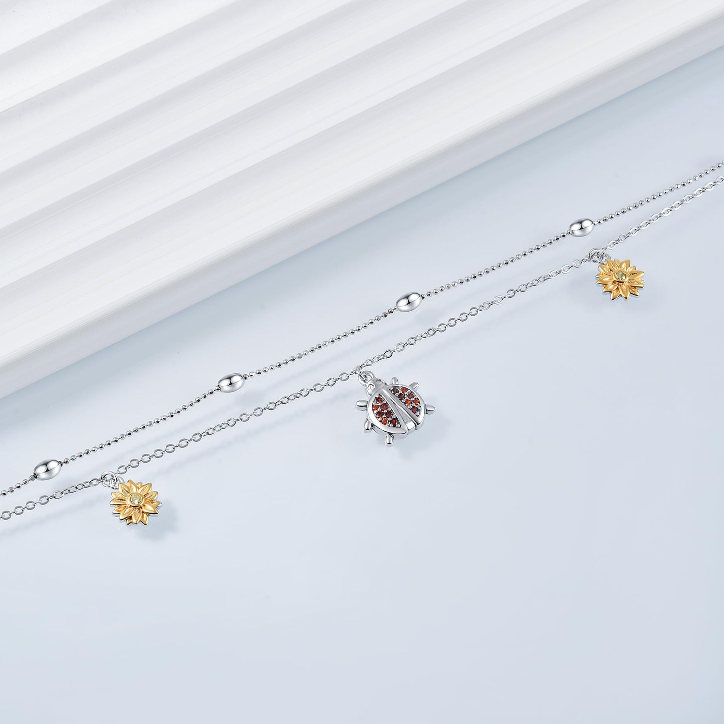 925 Sterling Silver Ladybug Ankle Bracelet Cute Double Layer Sunflower Insect Charm Anklet Bracelets for Women