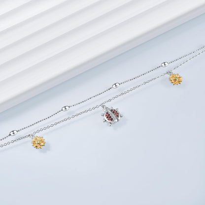 925 Sterling Silver Ladybug Ankle Bracelet Cute Double Layer Sunflower Insect Charm Anklet Bracelets for Women