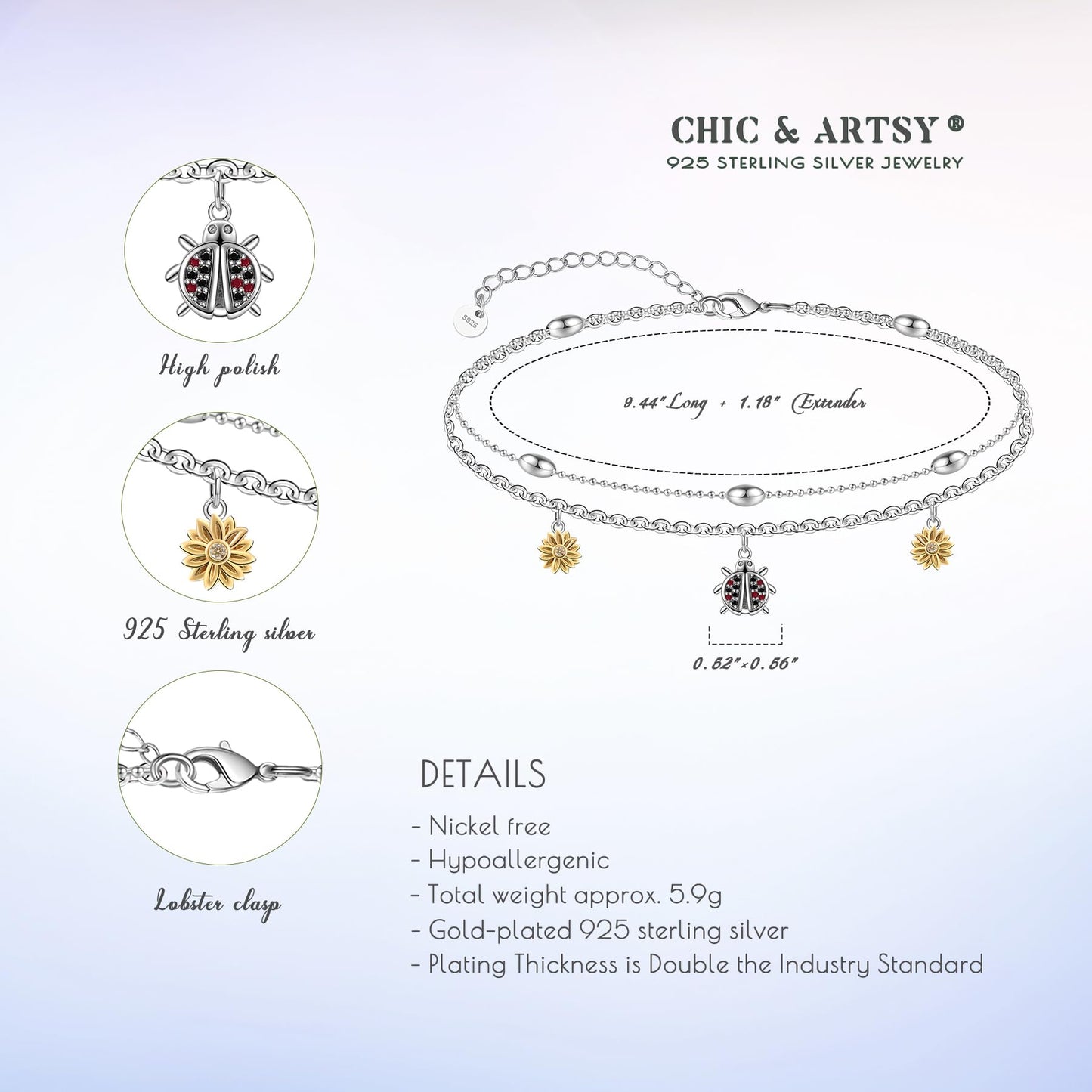 925 Sterling Silver Ladybug Ankle Bracelet Cute Double Layer Sunflower Insect Charm Anklet Bracelets for Women