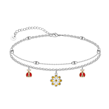 925 Sterling Silver Daisy Layered Anklet Bracelet Sexy Beach Ankle Bracelet for Women