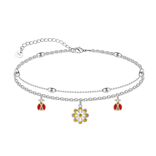 925 Sterling Silver Daisy Layered Anklet Bracelet Sexy Beach Ankle Bracelet for Women