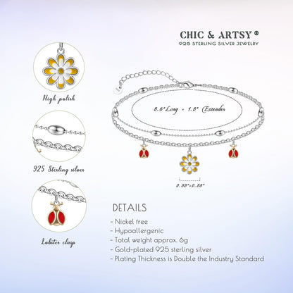925 Sterling Silver Daisy Layered Anklet Bracelet Sexy Beach Ankle Bracelet for Women