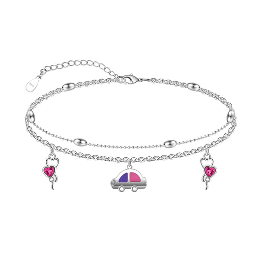 Anklets 925 Sterling Silver Cute Car Anklet Bracelet Adjustable Double Layer Chain with Delicate Charm