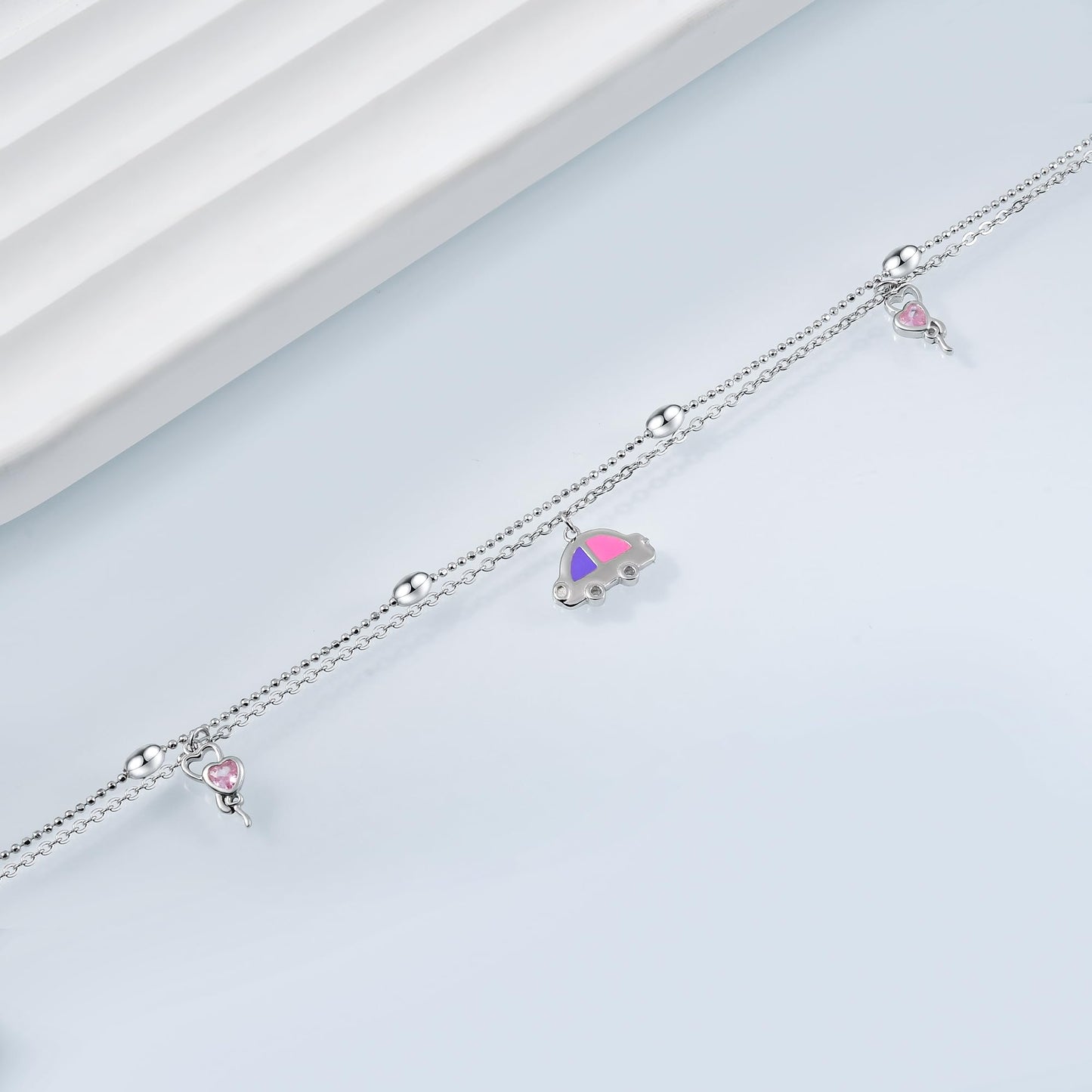 Anklets 925 Sterling Silver Cute Car Anklet Bracelet Adjustable Double Layer Chain with Delicate Charm