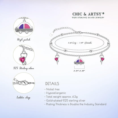 Anklets 925 Sterling Silver Cute Car Anklet Bracelet Adjustable Double Layer Chain with Delicate Charm