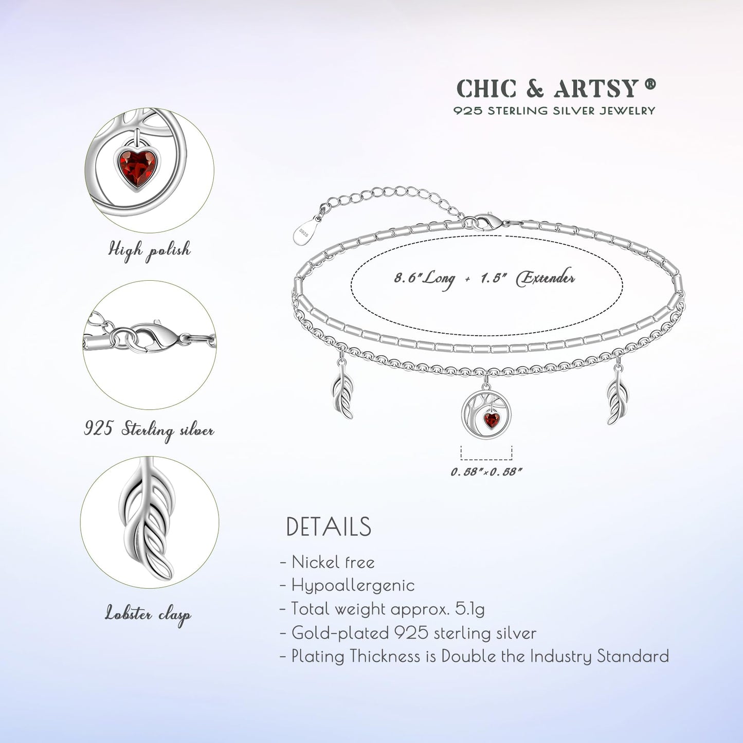 925 Sterling Silver Tree of Life Anklet Heart Shape Zirconia Cute Women's Anklet