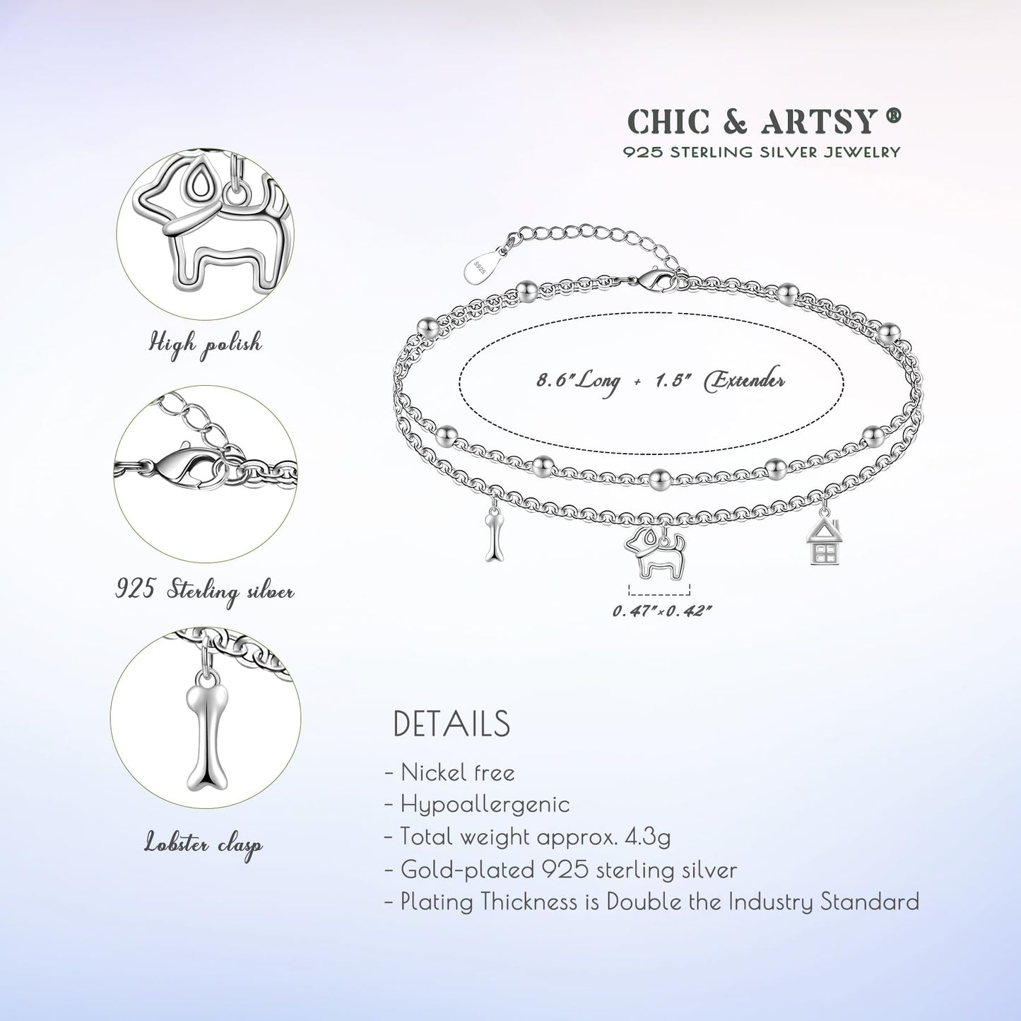 925 Sterling Silver Dog Ankle Bracelets for Women