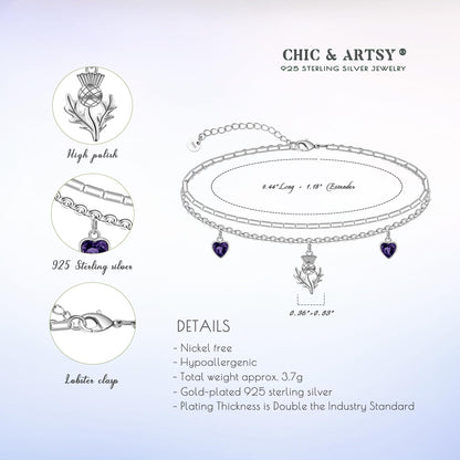 Flower Anklet 925 Sterling Silver Scottish Thistle Flower layered Anklet Bracelet