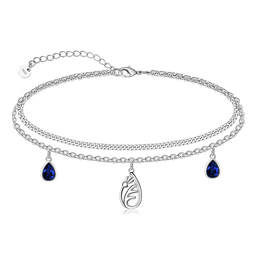 925 Sterling Silver Scottish Thistle Anklet with Teardrop Zirconia - Women's Adjustable Double Layer Flower Anklet