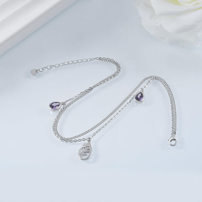 925 Sterling Silver Scottish Thistle Anklet with Teardrop Zirconia - Women's Adjustable Double Layer Flower Anklet