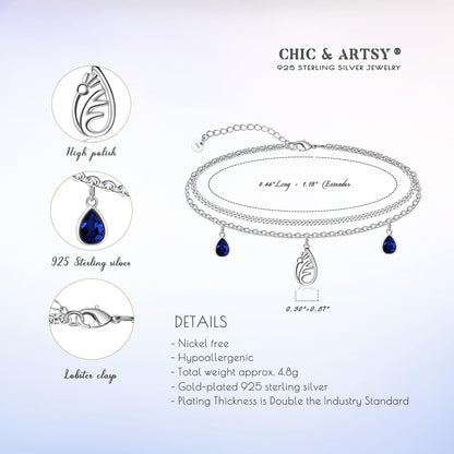 925 Sterling Silver Scottish Thistle Anklet with Teardrop Zirconia - Women's Adjustable Double Layer Flower Anklet