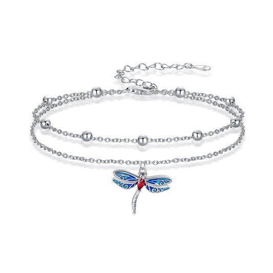 925 Sterling Silver Layered Anklet Bracelet Adjustable Dragonfly Summer Foot Chain Jewelry for Women