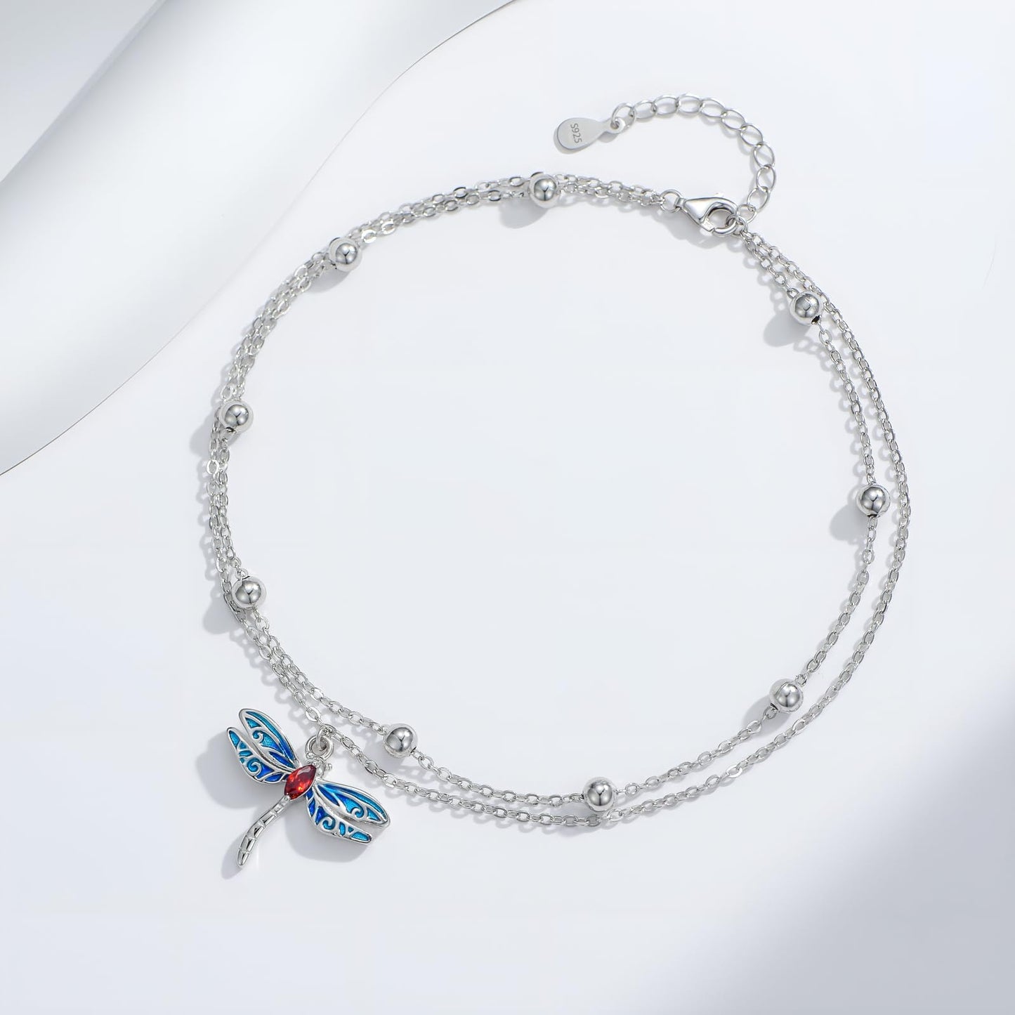 925 Sterling Silver Layered Anklet Bracelet Adjustable Dragonfly Summer Foot Chain Jewelry for Women
