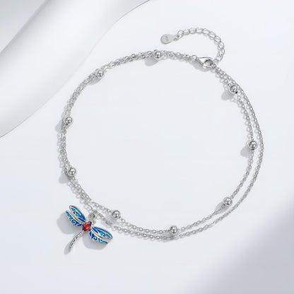 925 Sterling Silver Layered Anklet Bracelet Adjustable Dragonfly Summer Foot Chain Jewelry for Women
