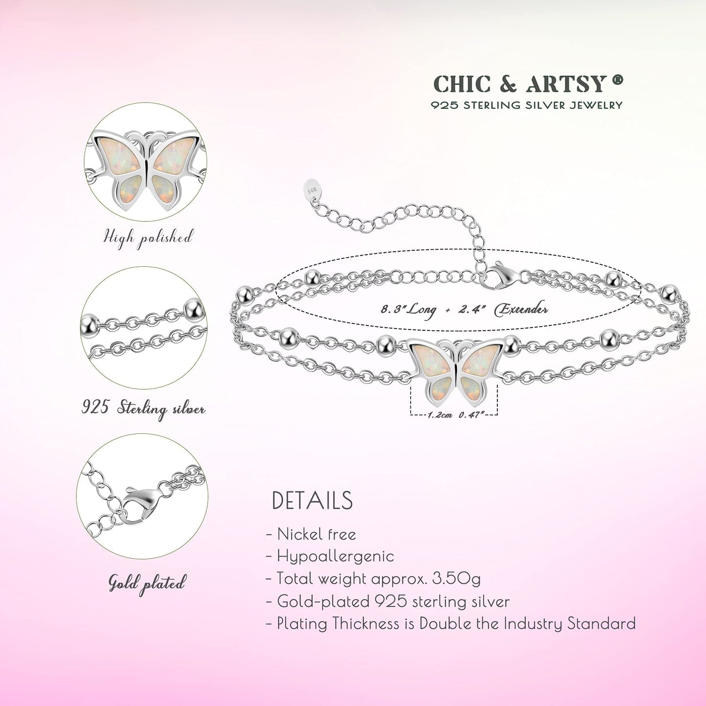 925 Sterling Silver Butterfly Layered Anklet Bracelets