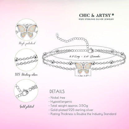 925 Sterling Silver Butterfly Layered Anklet Bracelets