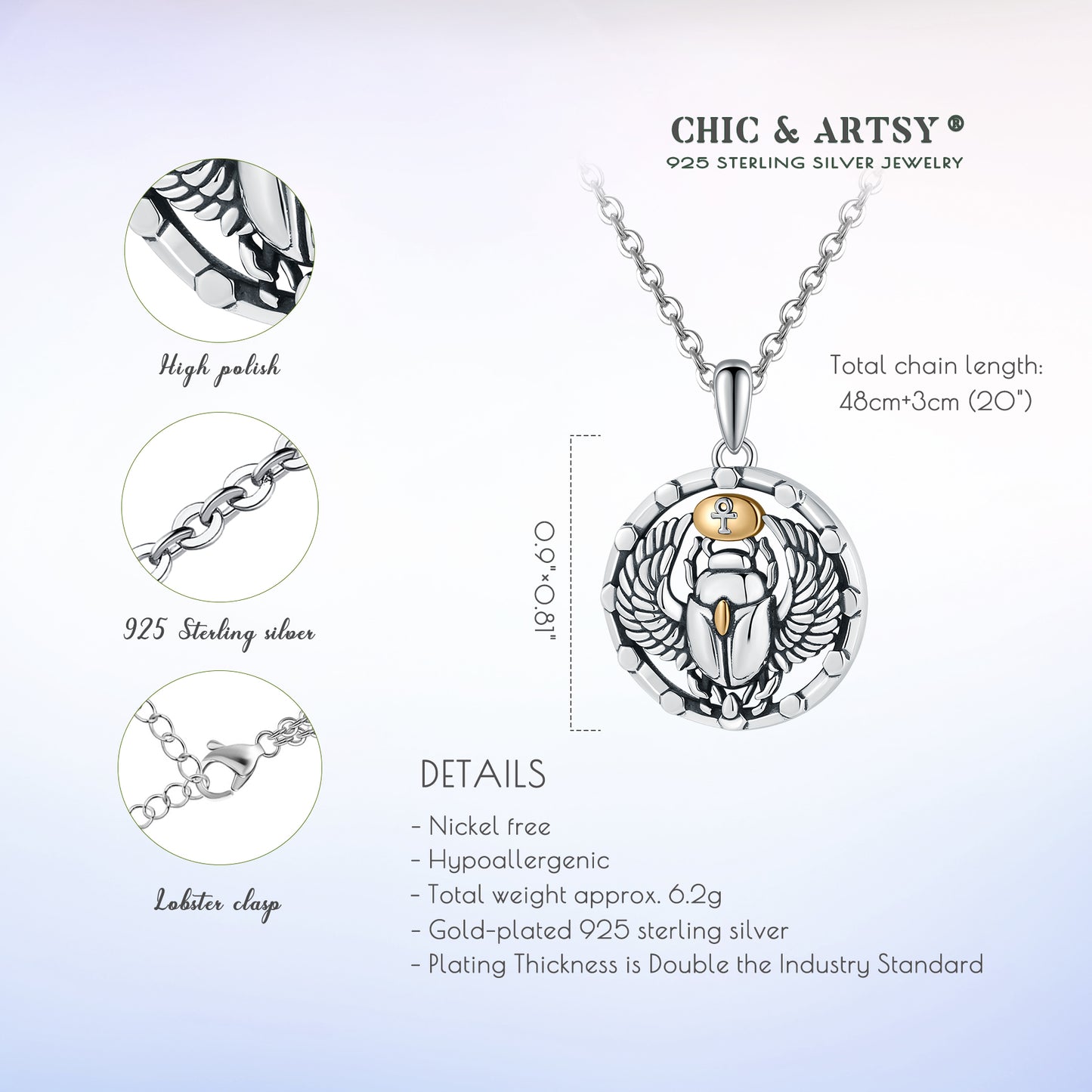 925 Sterling Silver Egyptian Scarab Beetle Charm Pendants Necklace