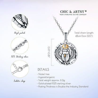 925 Sterling Silver Egyptian Scarab Beetle Charm Pendants Necklace