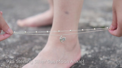 925 Sterling Silver Created Moonstone Moon and Sun Anklets