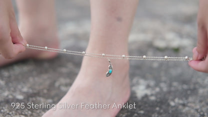 925 Sterling Silver Created Turquoise Feather Anklet Bracelet